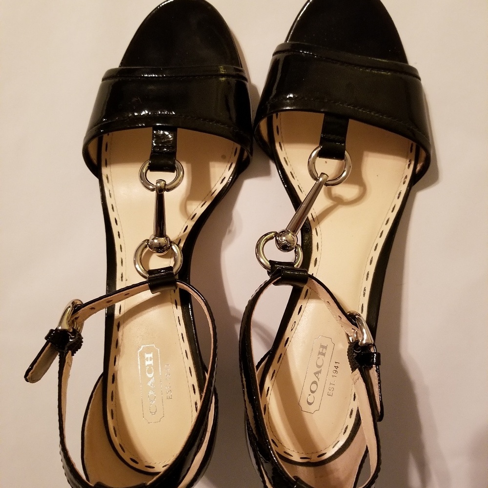 Coach Black Patent Leather Heel T Strap Sandal